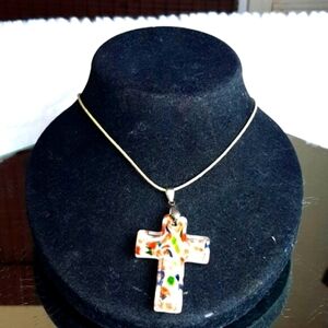 Blown  Glass  Multi Color Cross  Pendant  On Yellow Cord  ‎ Necklace New